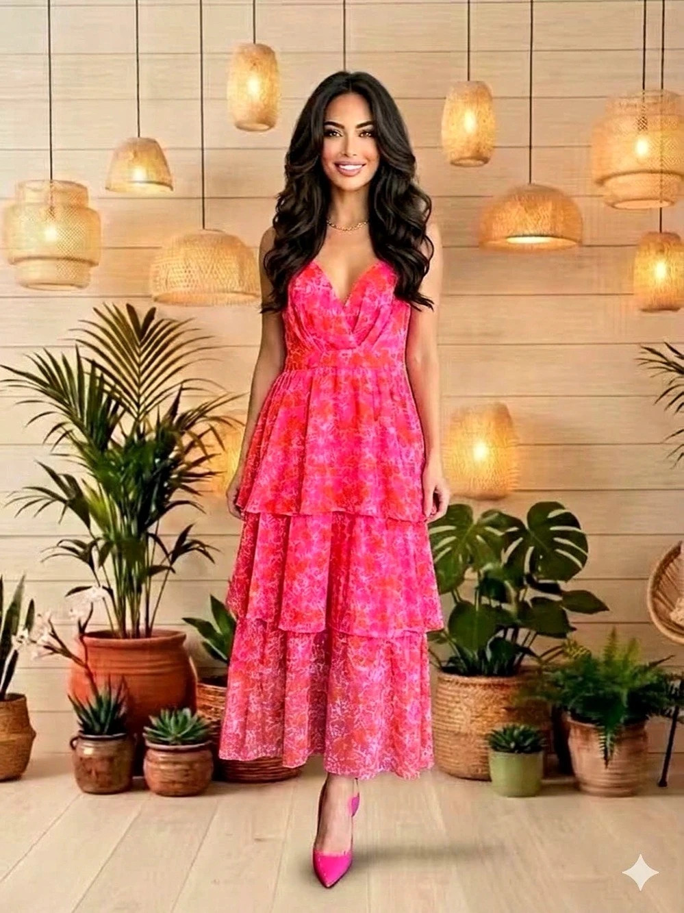 Lulus Fuchsia & Orange Romantic Tiered Ruffle Maxi Dress W/Bow Tied Waist